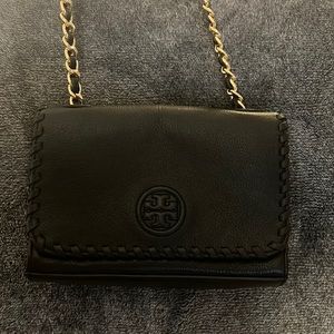 Tory Burch black leather small bag with gold and black strap